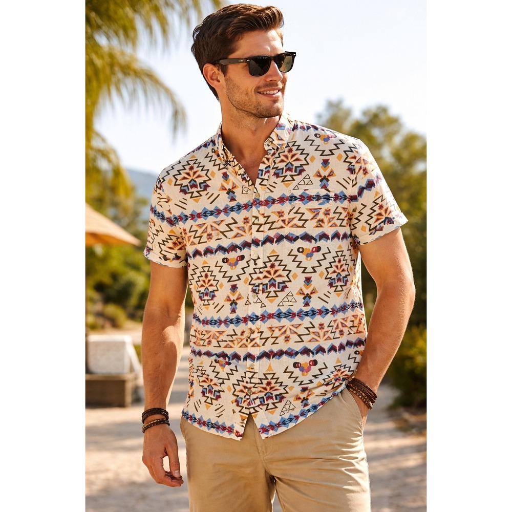 American Eagle Men's Aztec Tribal Print Shirt Medium Short Sleeve Casual Western